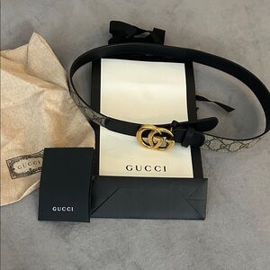 Gucci GG Monogram Belt with Black Leather and Gold Double G Buckle